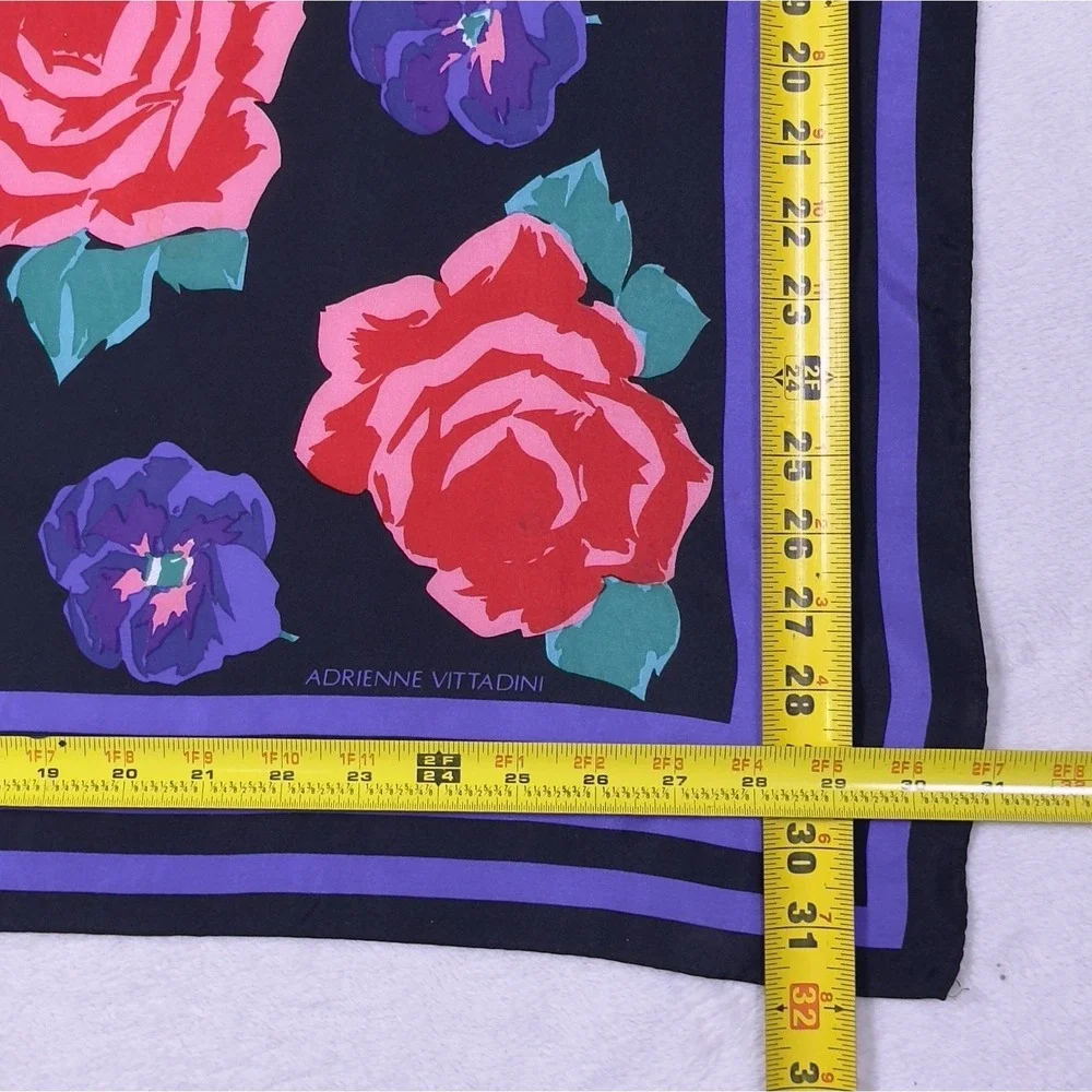 Vtg Adrienne Vittadini Scarf Vivid Colors Roses & Violets Red Black Purple 32